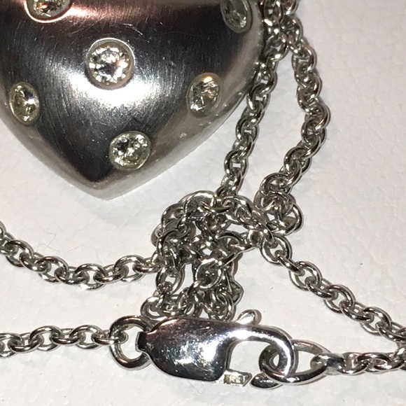 Solid Stamped 14K White Gold Natural Diamond Chunky Heart Pendant Necklace - Picture 10 of 16